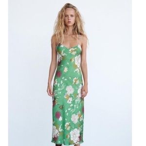 Zara Green Floral Strappy Tie Back Satin Maxi Dress
